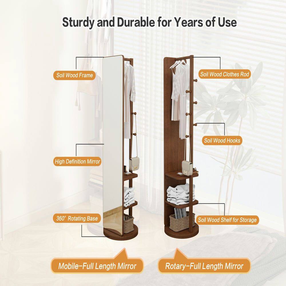 Sturdy and Durable for Years of Use  
- Soil Wood Frame  
- Soil Wood Clothes Rod  
- Soil Wood Hooks  
- High Definition Mirror  
- 360° Rotating Base  
- Soil Wood Shelf for Storage  
- Mobile-Full Length Mirror  
- Rotary-Full Length Mirror