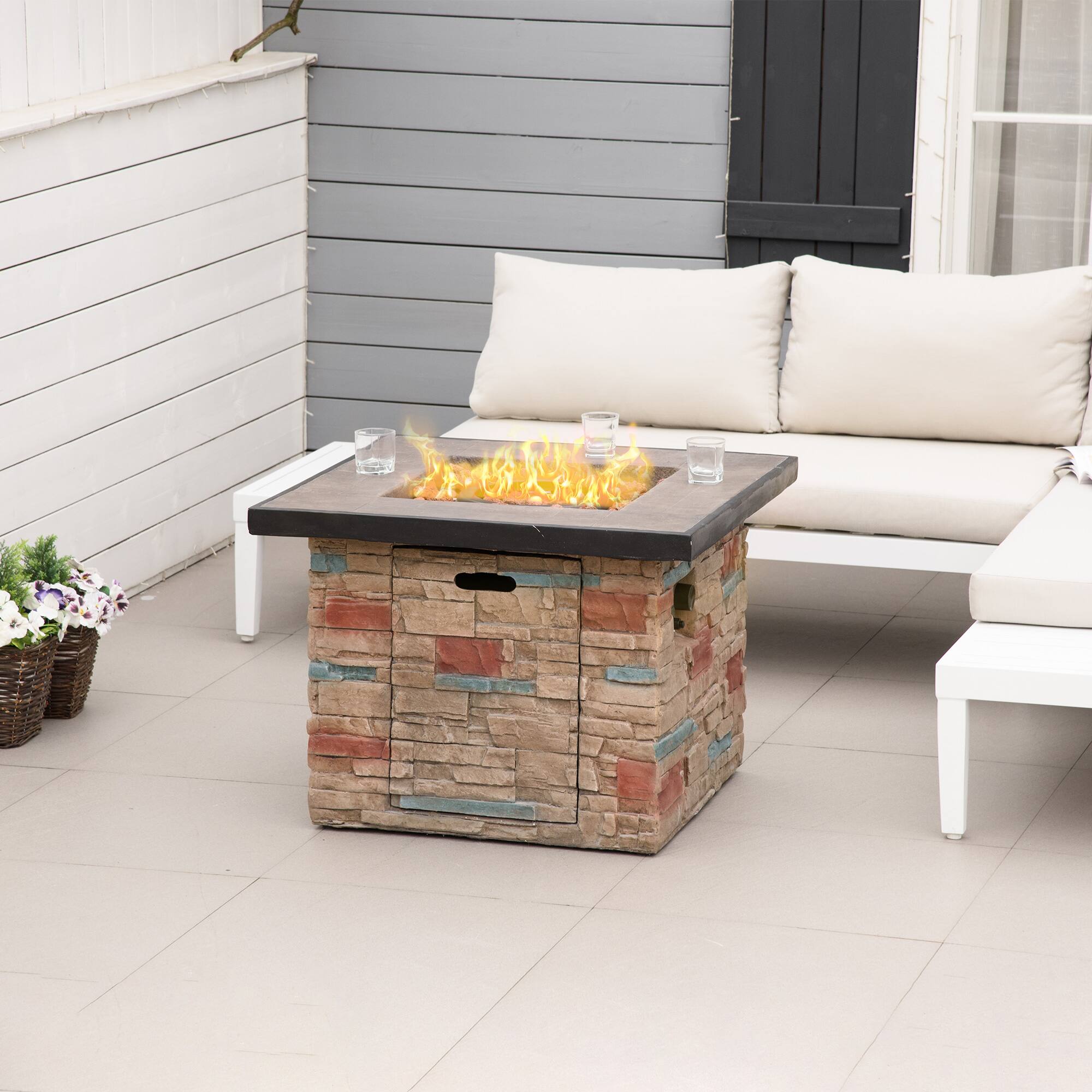Alt View 1. Outsunny - 32 Inch Outdoor Propane Gas Fire Pit Table, 50,000 BTU Auto-Ignition Rectangular Faux Ledge Stone Gas Firepit - Brown.