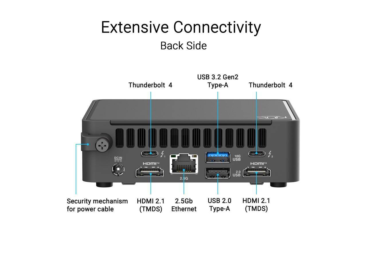 Extensive Connectivity  
Back Side

- Thunderbolt 4
- USB 3.2 Gen2 Type-A
- Thunderbolt 4
- HDMI 2.1 (TMDS)
- 2.5Gb Ethernet
- USB 2.0 Type-A
- HDMI 2.1 (TMDS)
- DCIN
- Security mechanism for power cable