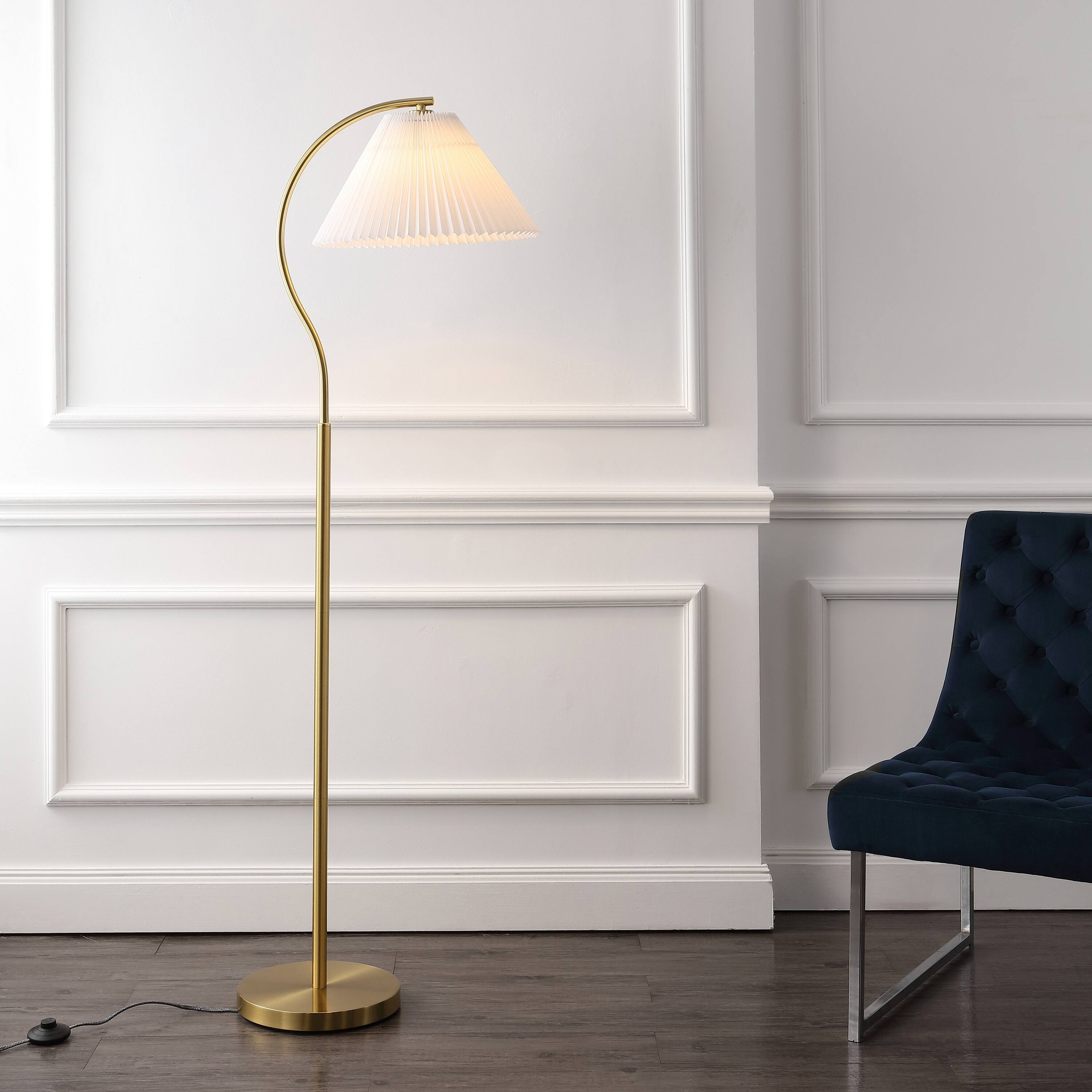Alt View 1. Jonathan Y - Devon 60.5" Modern Glam Metal Arc LED Floor Lamp with Pleated Shade, Brass Gold/White - Brass Gold.