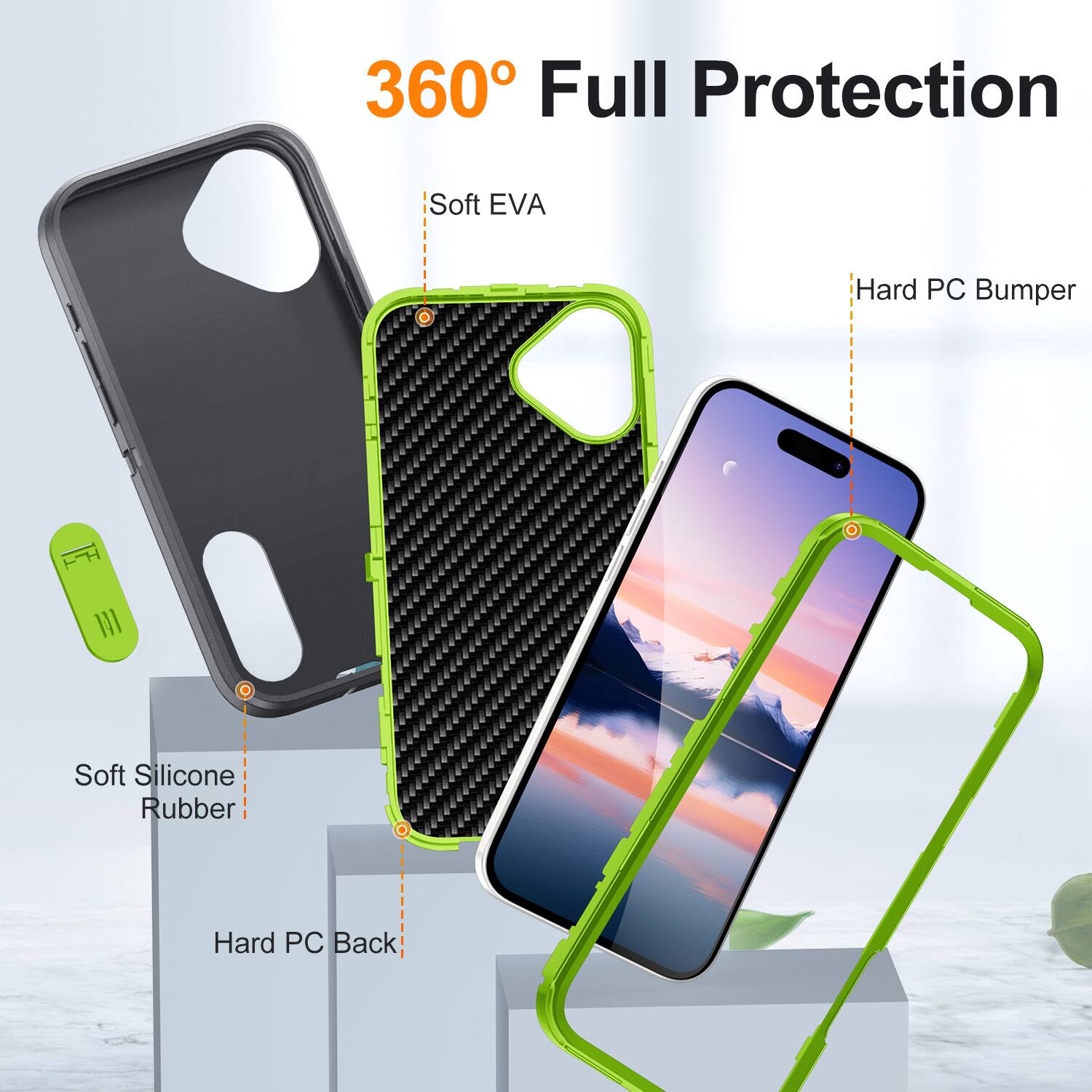 360° Full Protection

- Soft EVA
- Hard PC Bumper
- Soft Silicone Rubber
- Hard PC Back