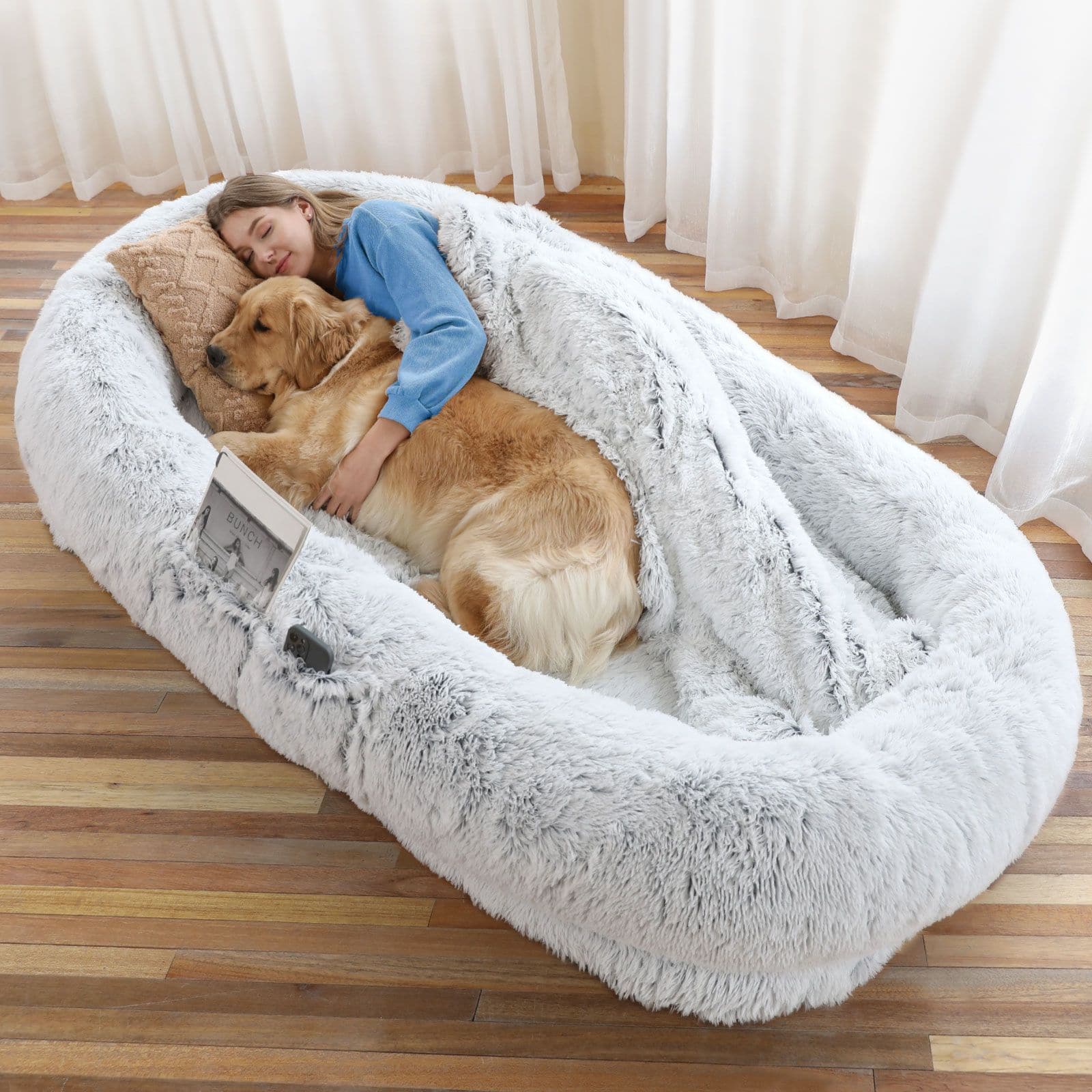 Mirfee - Human Dog Bed for People and Pets, Large Orthopedic Washable Faux Fur Pet Bed with Pillow and Strap - Gray