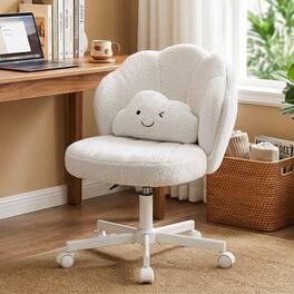 CloudRest Pro - Petal Vanity Chair with Backrest Upholstered Home Office Chair Height Adjustable Armless Swivel Chair Teddy Fleece - White