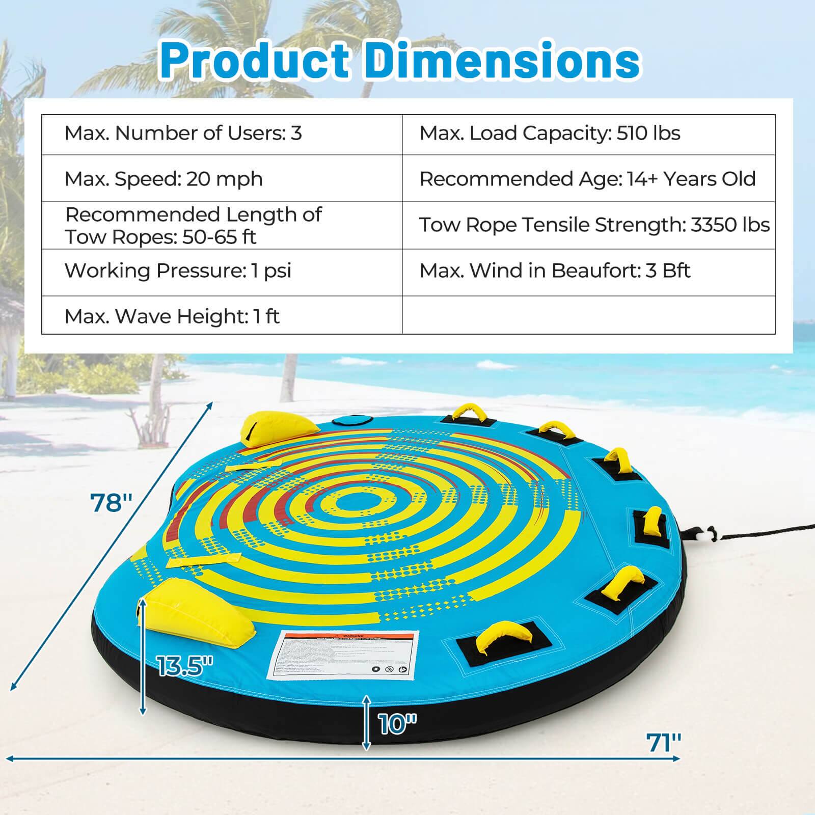 Product Dimensions

Max. Number of Users: 3
Max. Load Capacity: 510 lbs
Max. Speed: 20 mph
Recommended Length of Tow Ropes: 50-65 ft
Working Pressure: 1 psi
Recommended Age: 14+ Years Old
Tow Rope Tensile Strength: 3350 lbs
Max. Wind in Beaufort: 3 Bft
Max. Wave Height: 1 ft

78"
13.5"
10"
71"
