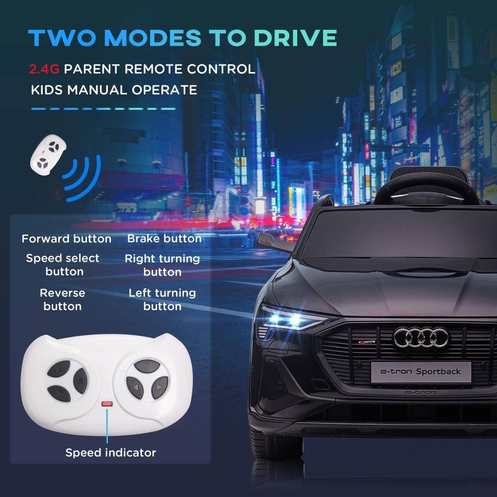 TWO MODES TO DRIVE

2.4G PARENT REMOTE CONTROL
KIDS MANUAL OPERATE

Forward button
Brake button
Speed select button
Right turning button
Reverse button
Left turning button

Speed indicator

e-tron Sportback