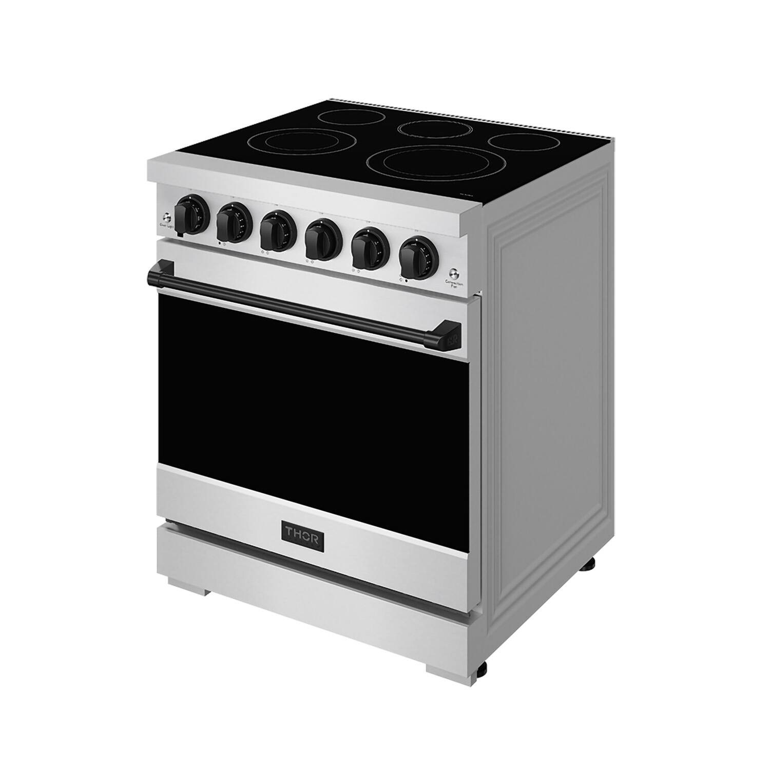 Left. Thor Kitchen - Gordon Ramsay Series by Thor Kitchen 4.55 Cu. Ft Freestanding Electric Range with Black Hardware - Stainless steel.