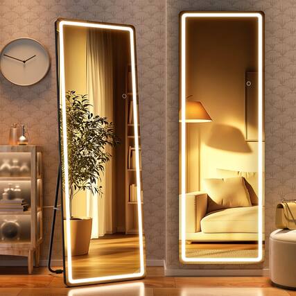 Front. Earthley Blooms - Full Length Mirror With Lights 56" X 16" Led Lighted Floor Standing Tempered Glass Square 【Upgraded Glass】: - Black-95"L x 40"W.