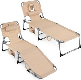 Gymax - Tanning Chair w/4-Position Adjustable Backrest Face Arm Holes & Storage Pocket - Beige
