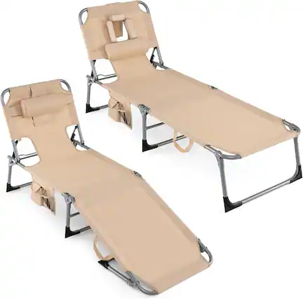Front. Gymax - Gymax Tanning Chair w/4-Position Adjustable Backrest Face Arm Holes & Storage Pocket - Beige.