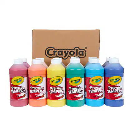 Crayola Premier Tempera Paint Set - 6 Bottles
- Red
- Orange
- Yellow
- Green
- Turquoise
- Blue
Each bottle contains 16 fl oz (473 ml)