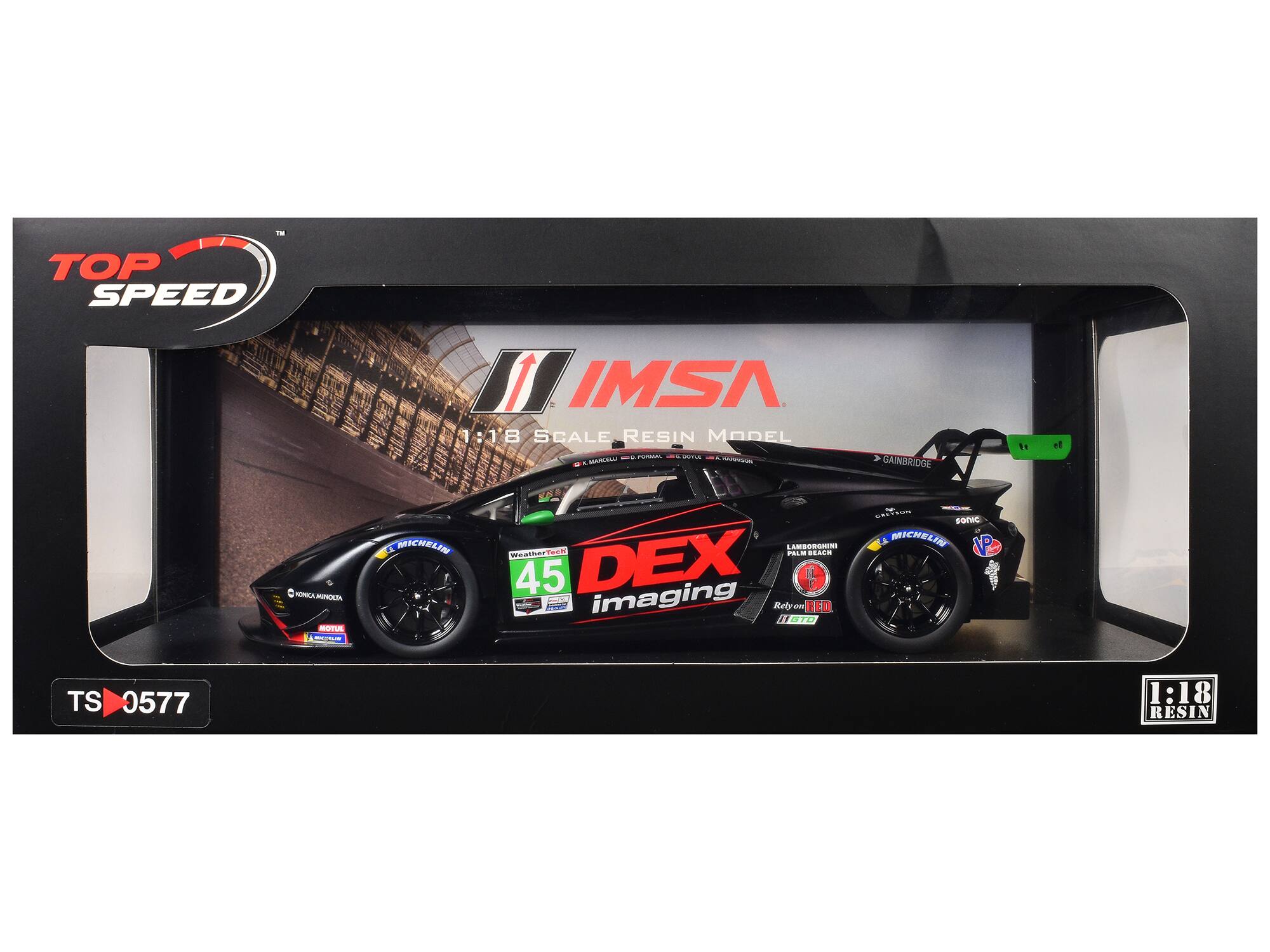 TOP SPEED  
IMSA 1:18 SCALE RESIN MODEL  
FURMAL 100  
MUCHICKY HAPPIZA  
GAINBRIDGE  
FOROCA PAPOCIA  
MOTUL SECOR  
MICHELIN  
LAMBORSHIKI  
Wanther THEM MIS BEACH  
45  
DEX Sempletial imaging  
Rely TIM RED  
GREYION sonic  
A MICHELIN  
TS 0577  
1:18 RESIN