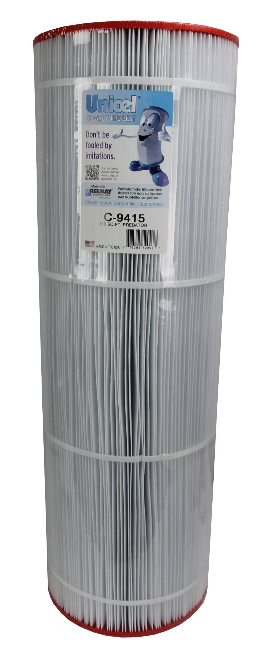 Unicel  
CLEARLY THE BEST  
Don't be fooled by imitations.  

Premium Triobal Filtration Matrix  
Delivers 45% more surface area  
Clearer water Longer life. Guaranteed  

C-9415  
150 SQ. FT. PREDATOR  

MADE IN THE USA  

78285 9301