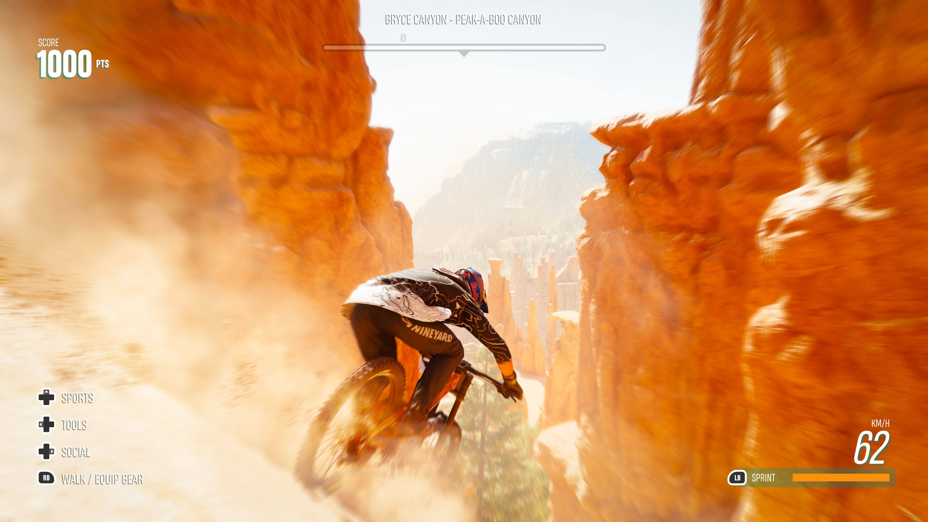 Bryce Canyon - Peek-A-Boo Canyon  
Score: 1000 PTS  

Redi WINEYARD + SPORTS + TOOLS + SOCIAL  
RB WALK/EQUIP GEAR  
LB SPRINT  
KM/H 62