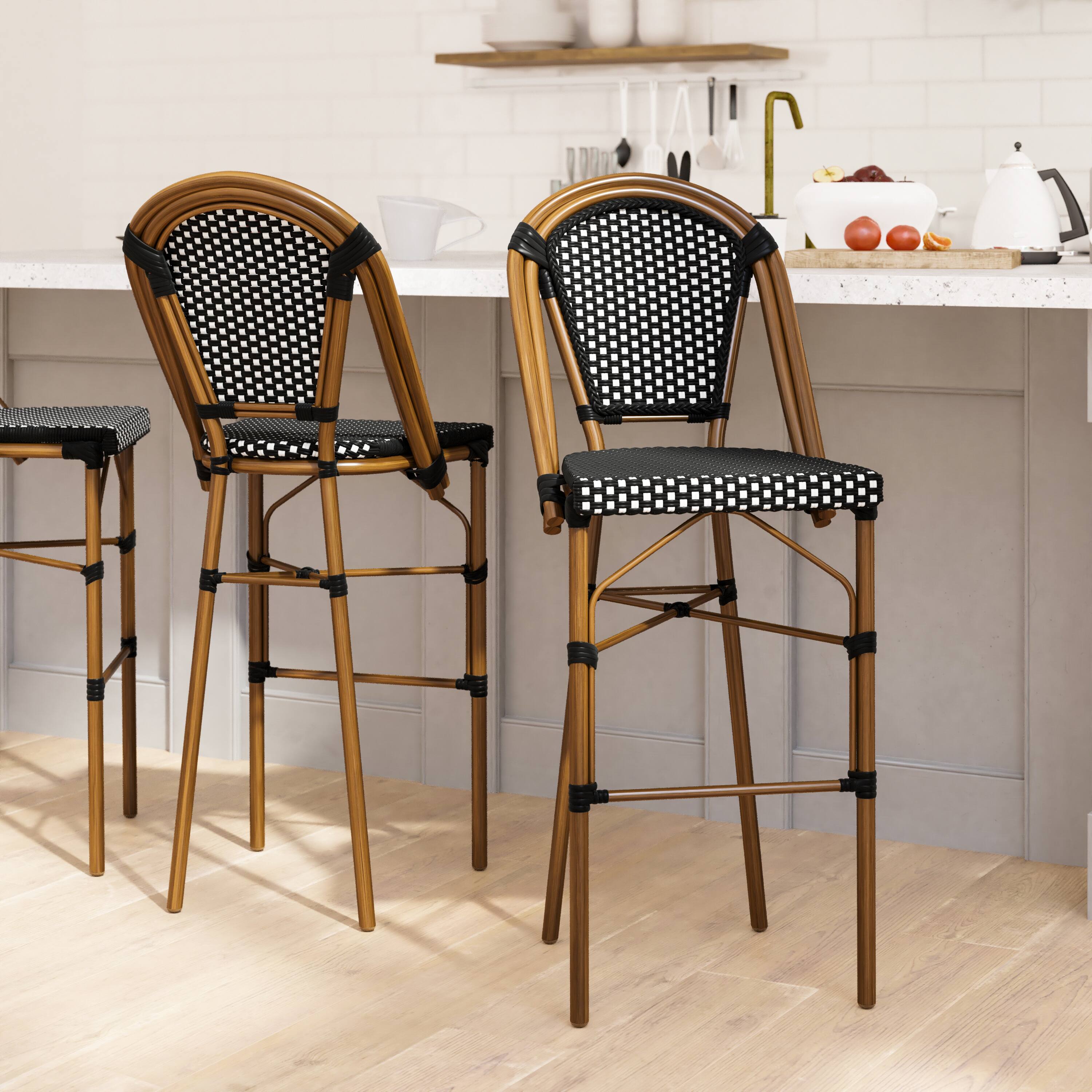 Alt View 2. Emma + Oliver - Soie Set of Two 30" High Stacking Bistro Bar Stools with PE Seat and Back and Metal Frames for Indoor/Outdoor Use - Black & White/Natural Frame.