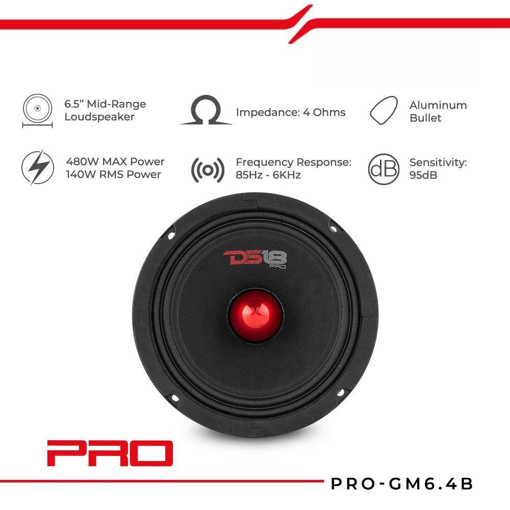 6.5" Mid-Range Loudspeaker  
Impedance: 4 Ohms  
480W MAX Power  
140W RMS Power  
Frequency Response: 85Hz - 6KHz  
Sensitivity: 95dB  
Aluminum Bullet  
PRO-GM6.4B