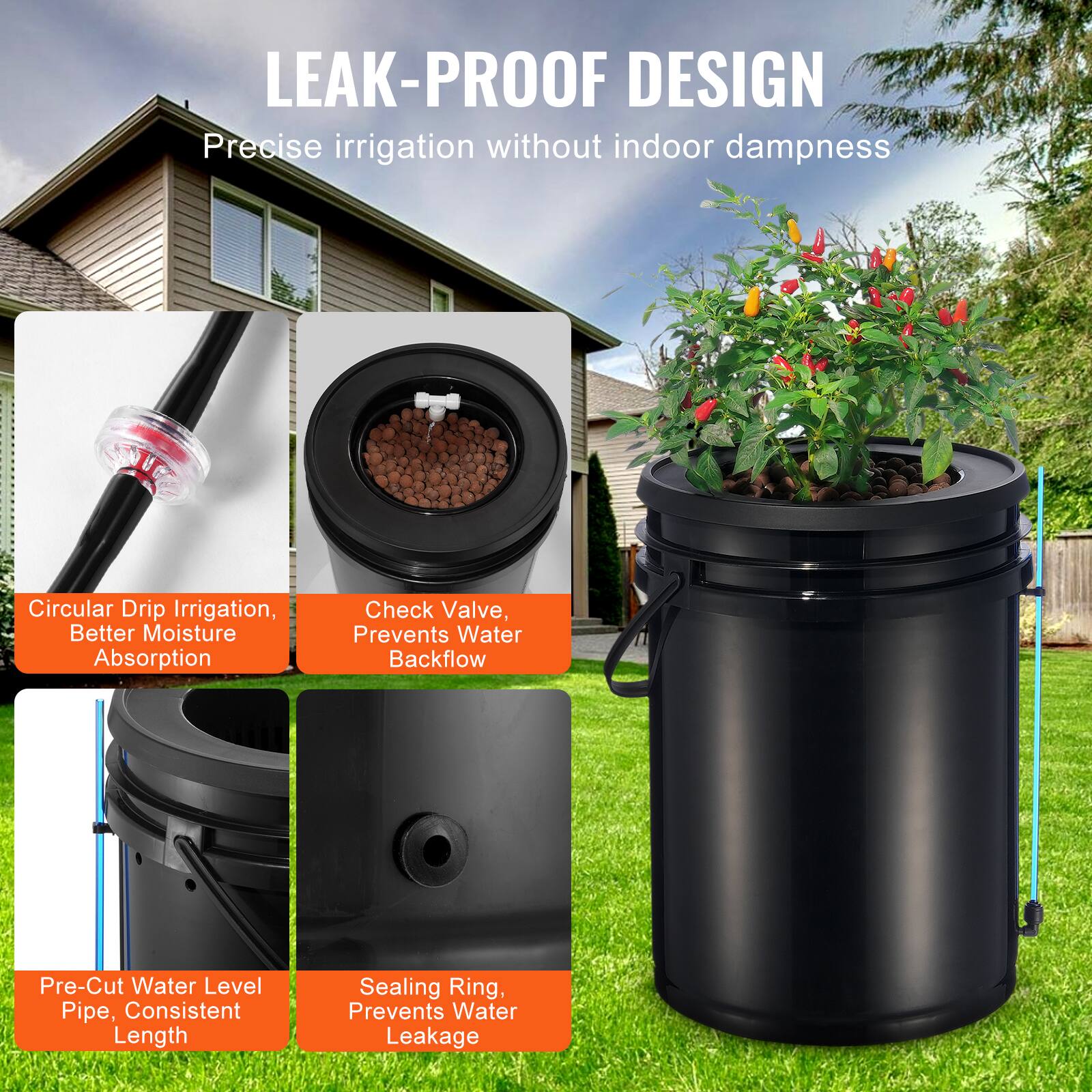 LEAK-PROOF DESIGN  
Precise irrigation without indoor dampness  

- Circular Drip Irrigation, Better Moisture Absorption  
- Check Valve, Prevents Water Backflow  
- Pre-Cut Water Level Pipe, Consistent Length  
- Sealing Ring, Prevents Water Leakage