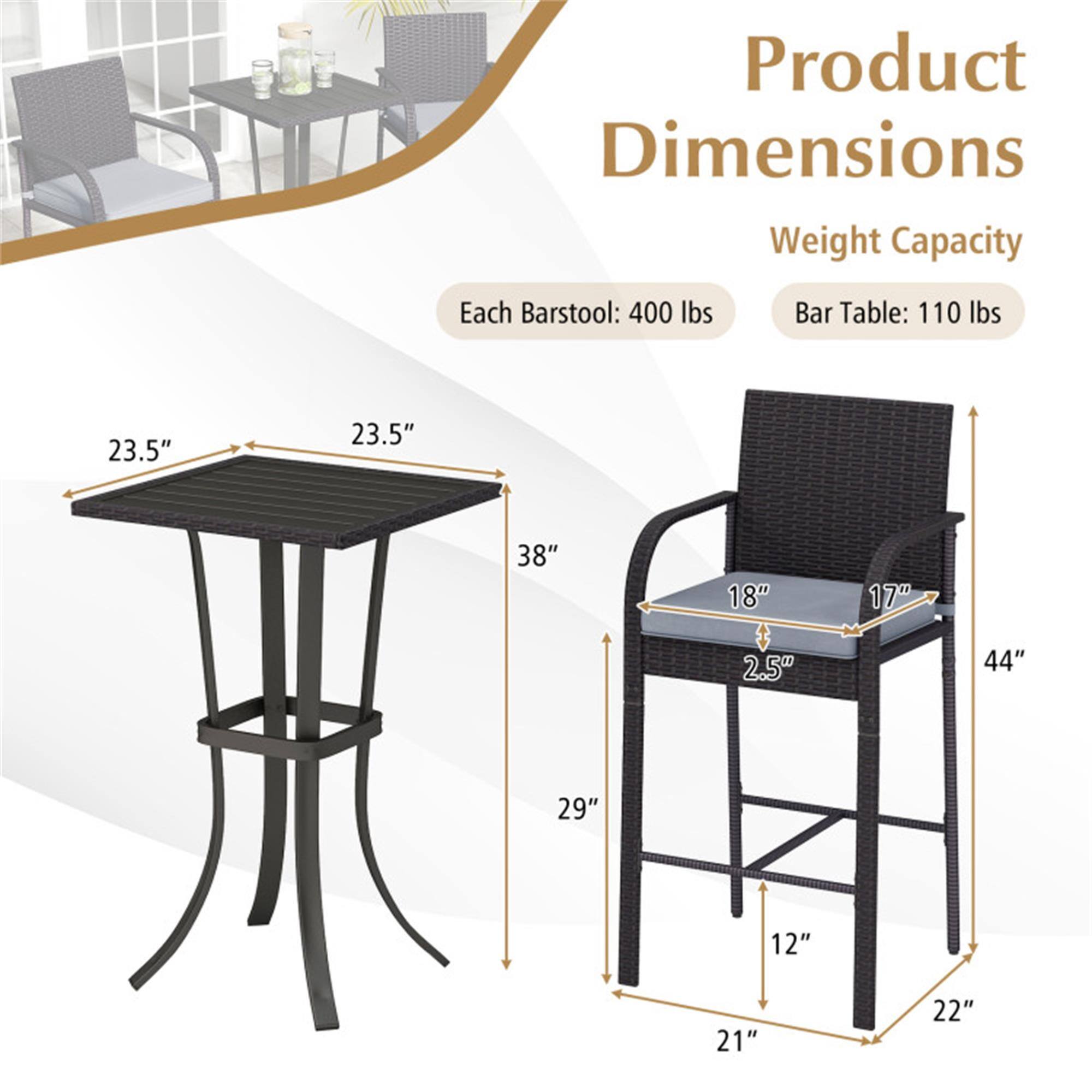 Product Dimensions  
Weight Capacity  
Each Barstool: 400 lbs  
Bar Table: 110 lbs  

23.5"  
23.5"  
38"  
18"  
17"  
2.5"  
44"  
29"  
12"  
21"  
22"
