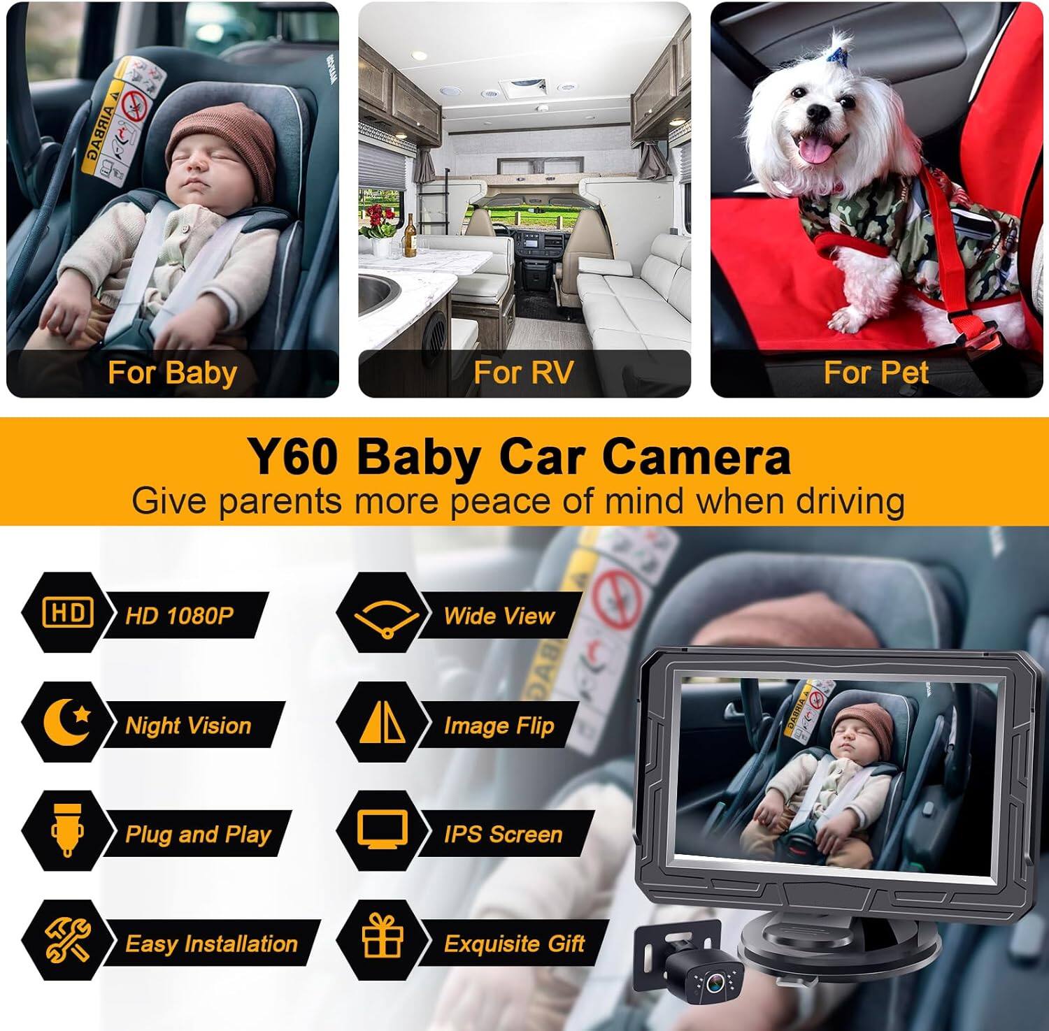 AIRBAG C W For Baby For RV For Pet Y60 Baby Car Camera Give parents more peace of mind when driving HD 1080P Night Vision Wide View BAG Image Flip DASAA Ol. w Plug and Play IPS Screen Easy Installation Exquisite Gift