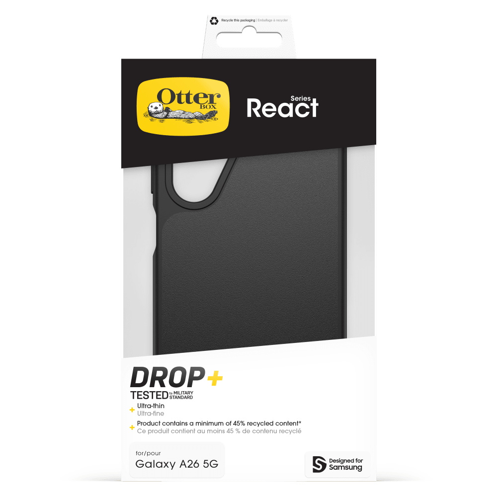 Recycle art packaging Emballage is recycler

Otter Series BOX React

DROP+ o MILITARY TESTED STANDARD Ultra-thin + Ultra-fine Product contains a minimum of 45% recycled content* + Ce produit contient au moins 45 % de contenu recyclé* | Emballage recyclable

for/pour Galaxy A26 5G

Designed for Samsung