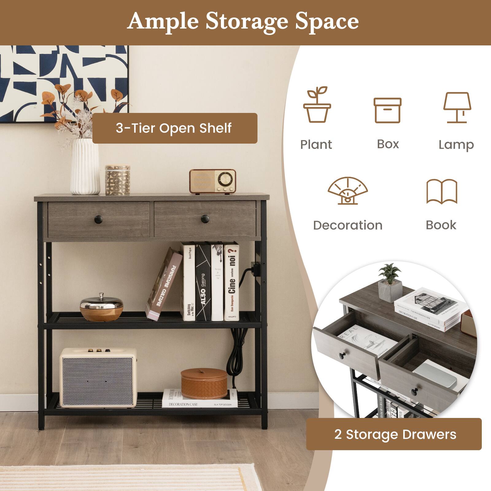 Ample Storage Space 3-Tier Open Shelf Plant Box Lamp Decoration Book 2 Storage Drawers