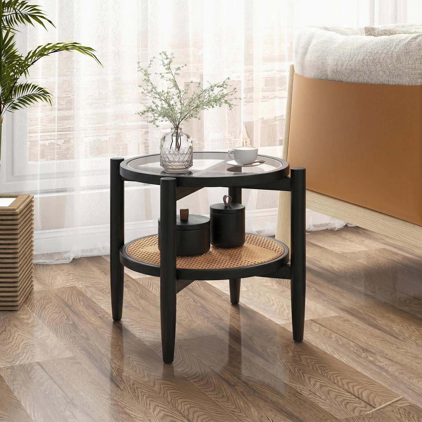 Alt View 1. Gymax - Gymax 2-Tier Round Side End Table PE Rattan Sofa Nightstand Tempered Glass Tabletop - Black.