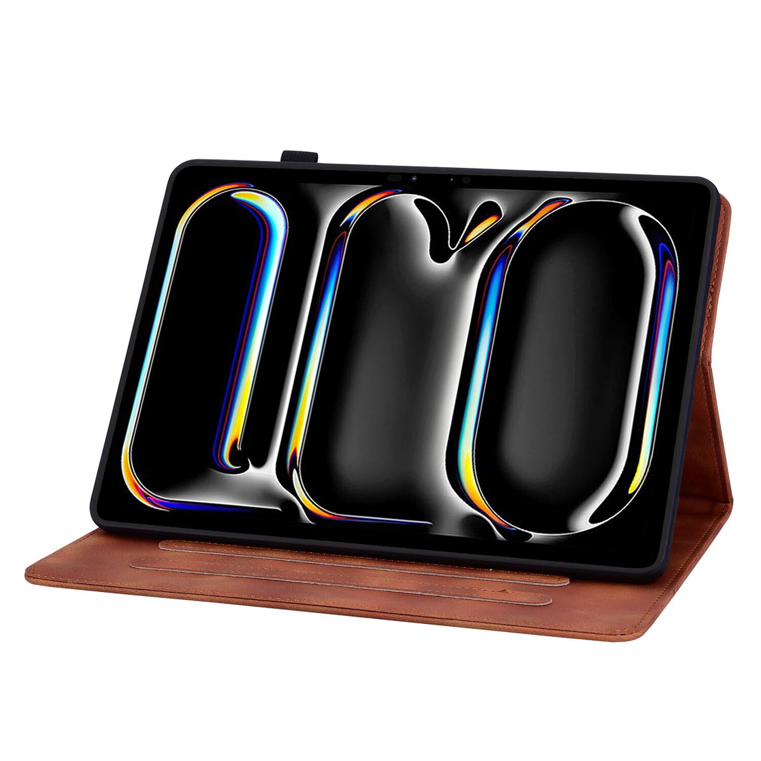 Back. Dteck - Foilo Case for Apple iPad Pro (M5) 11" 2025 & (M4) 2024,Embossed Pattern PU Leather Flip Card Holder Kickstand Cover - Brown.