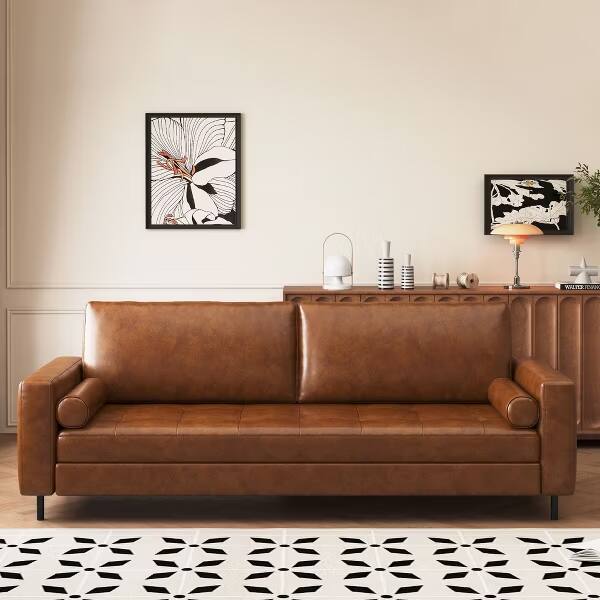 Alt View 10. luck idea - 80.31" Mid-Century 3-Seater Faux Leather Sofa, Waterproof Brown PU Couch with 2 Bolster Pillows for Living Room Office - Brown.