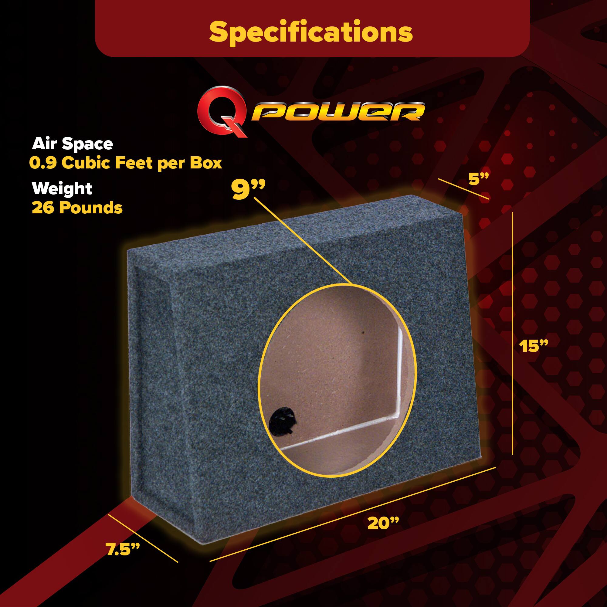 Specifications  
Q POWER  
Air Space: 0.9 Cubic Feet per Box  
Weight: 26 Pounds  
Dimensions: 5" x 9" x 15" x 7.5" x 20"