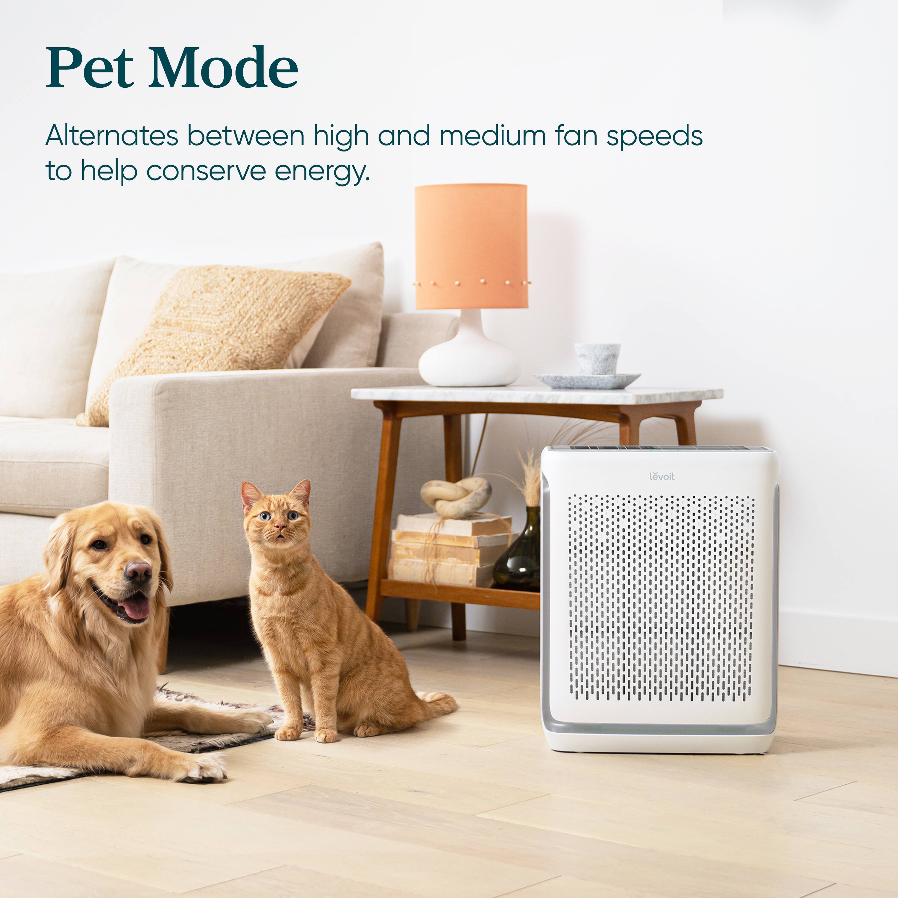 Pet Mode Alternates between high and medium fan speeds to help conserve energy. Levoit.