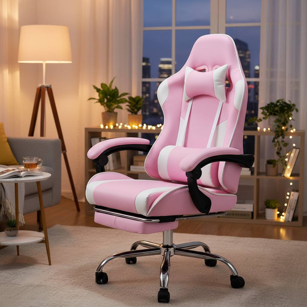 Alt View 4. AOITUN - Video Game Desk Chair - Ergonomic Computer with Footrest and Comfy Lumbar Support, PU Leather Recliner, Pink - White.
