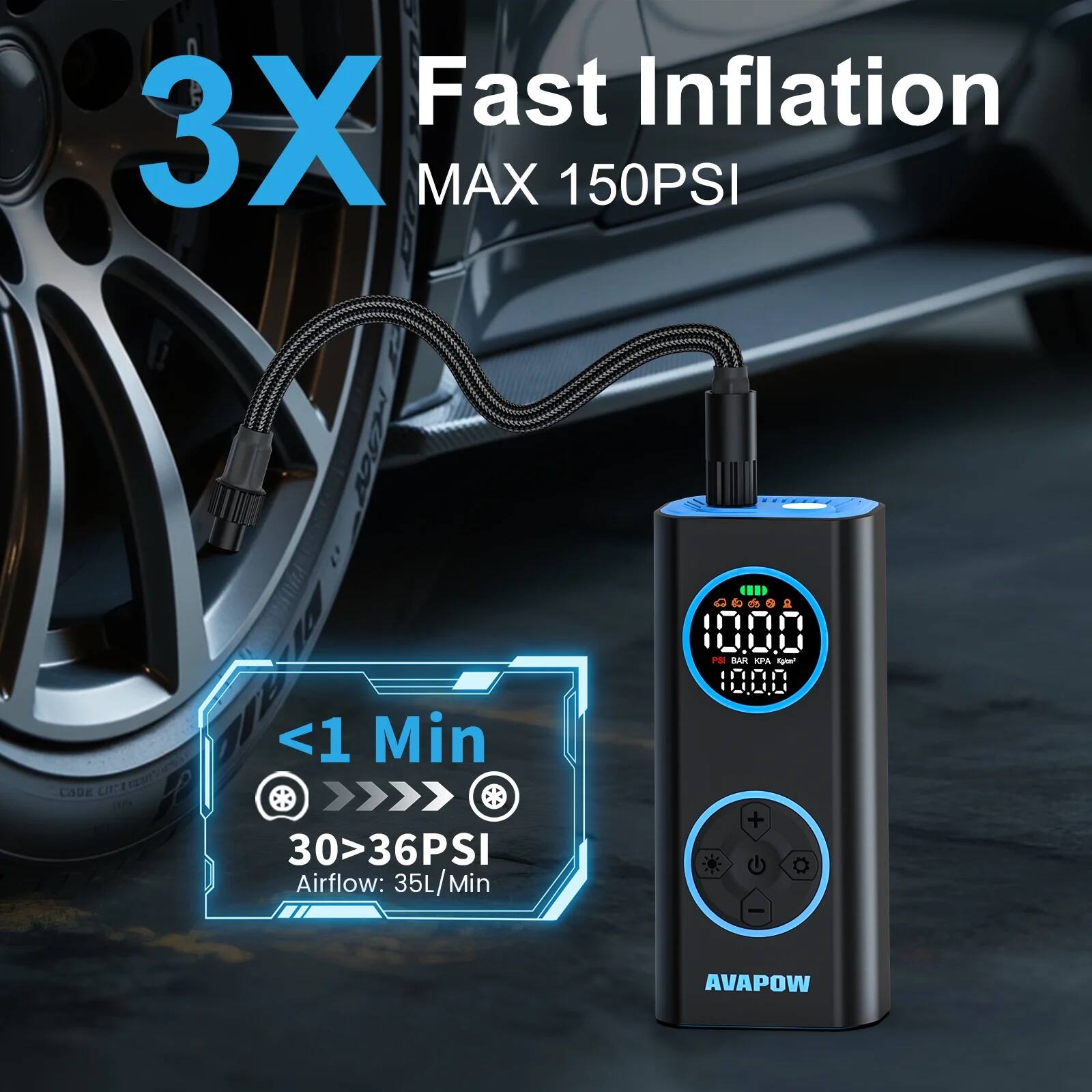 3X Fast Inflation  
MAX 150PSI  

<1 Min  
30>36PSI  
Airflow: 35L/Min  

AVAPOW