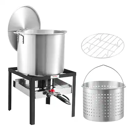 Front. VEVOR - 60 Qt Seafood Boiling Kit with Strainer, Outdoor Seafood Boil Pot and Basket, Cooking Set for Crawfish Lobster Boiling - Silver.