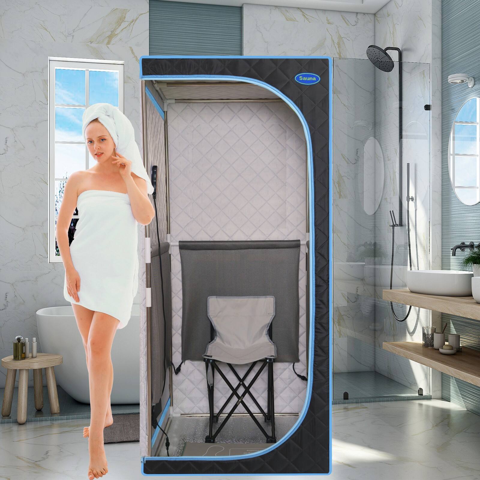 Front. Glintex - Portable Plus Type Full Size Far Infrared Sauna tent. Spa, Detox ,Therapy.Larger Space,Stainless Steel Pipes Connector - Black.