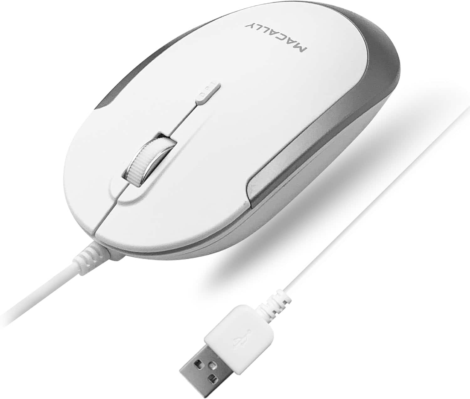 Macally - Silent Wired Mouse - Slim & Compact USB Mouse for Apple Mac or Windows PC Laptop/Desktop - White - Wired - White with Silver Trim
