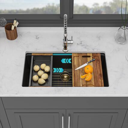 Front. Siljoy - Quartz Kitchen Sink - 33" x 19" x 9.65" Black Granite Composite Workstation Undermount Single Bowl Kitchen Sink - Black.