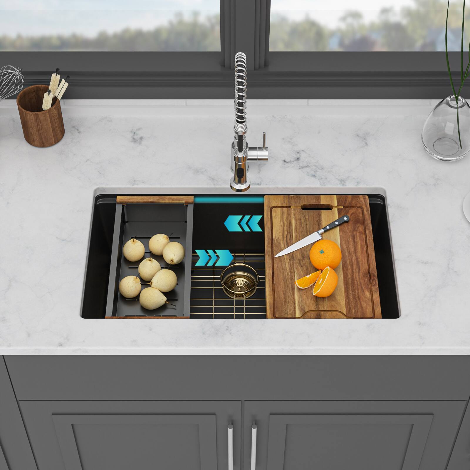 Front. Siljoy - Quartz Kitchen Sink - 33" x 19" x 9.65" Black Granite Composite Workstation Undermount Single Bowl Kitchen Sink - Black.