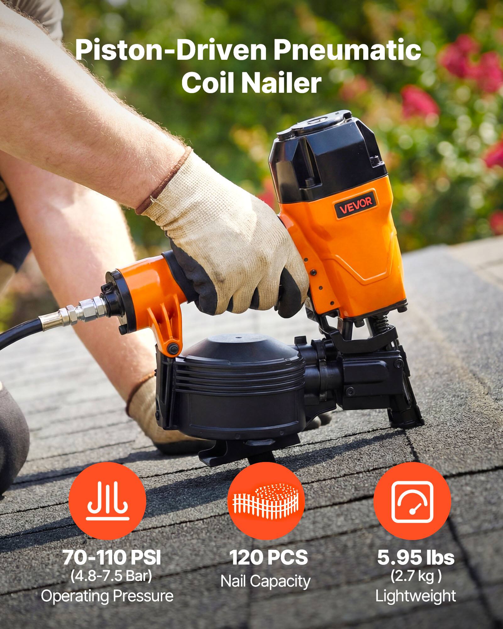 Piston-Driven Pneumatic Coil Nailer

VEVOR

70-110 PSI (4.8-7.5 Bar) Operating Pressure

120 PCS Nail Capacity

5.95 lbs (2.7 kg) Lightweight