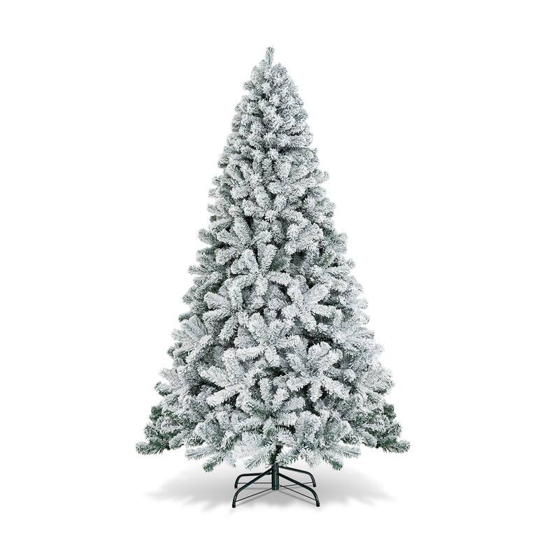 Front. WELLFOR - 7.5ft Unlit Artificial Christmas Tree, Snow‑Flocked Hinged Xmas Tree with 1010 Branch Tips for Holiday Decoration - Green & White.