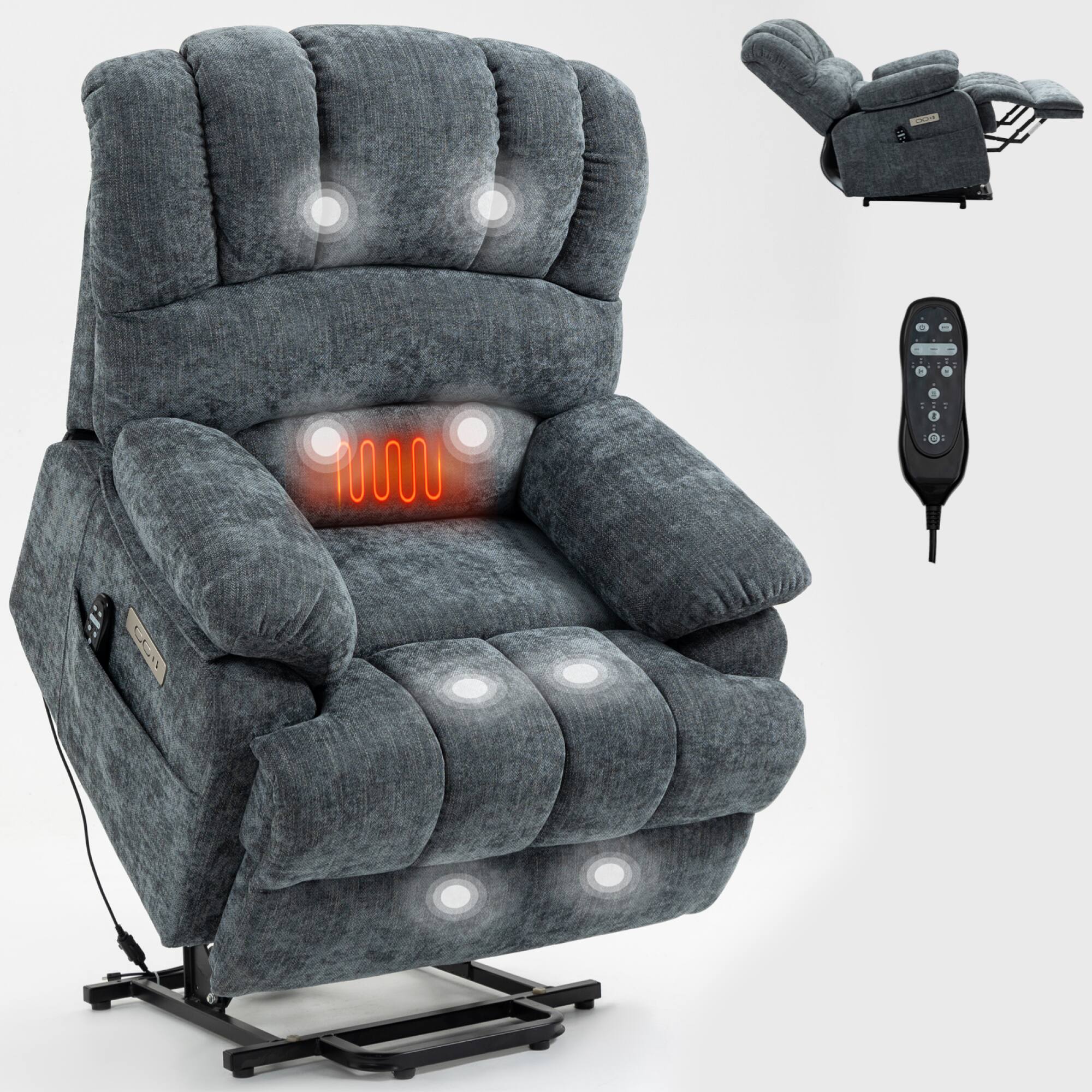 Alt View 7. GOODSILO - Extra Large Power Lift Recliner Chair with Massage, Heating, and USB Charging - Blue+Gray.
