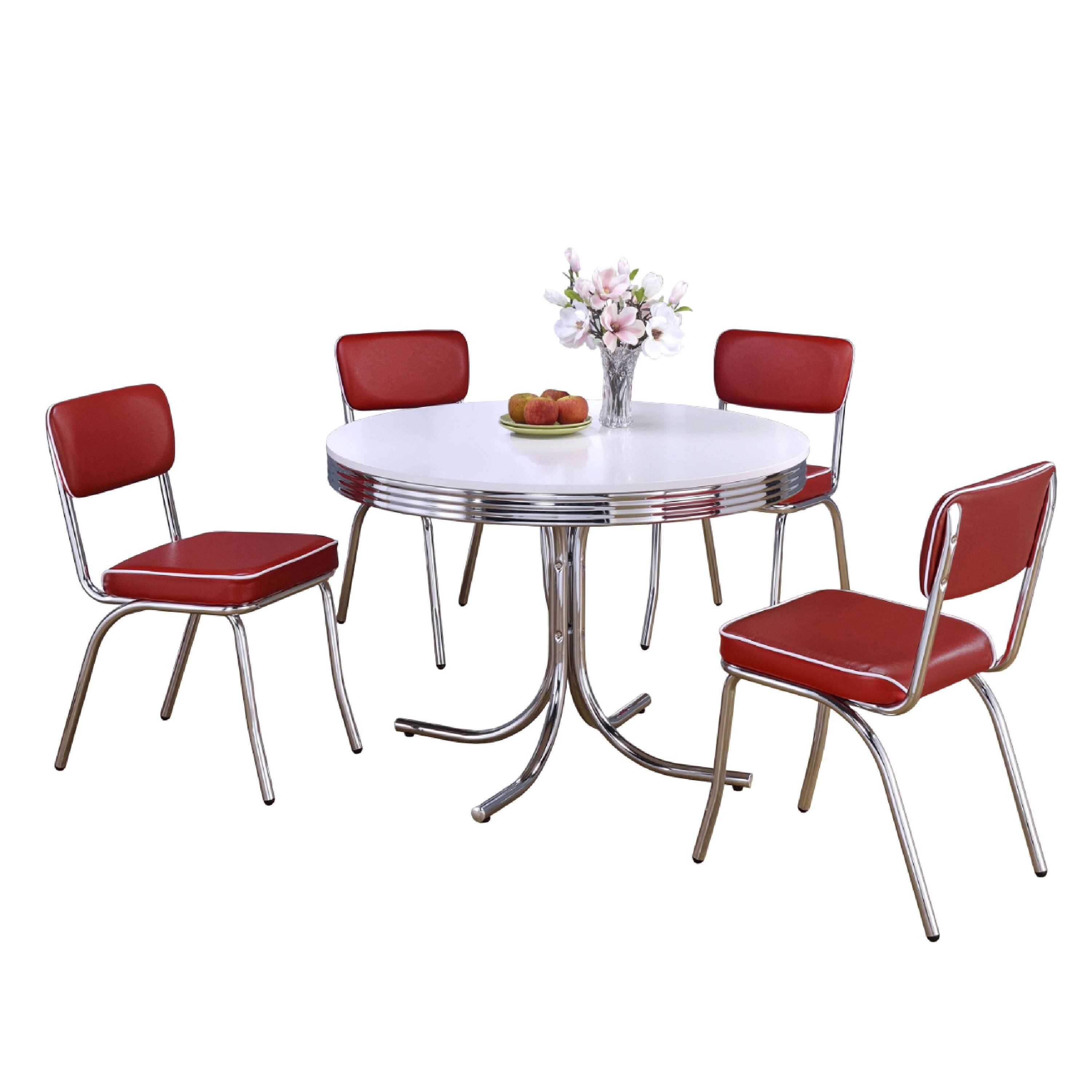 Front. Manhattan Lane - Loy 5pc Dining Table and Chair Set, Red Faux Leather - White, Red, Silver.