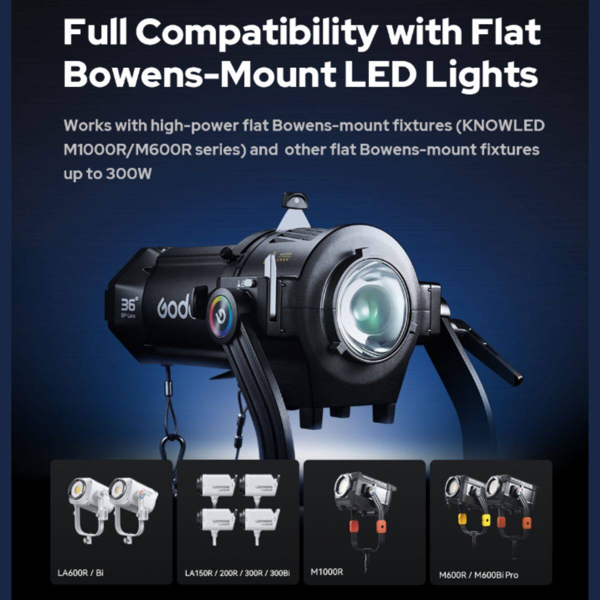 Full Compatibility with Flat Bowens-Mount LED Lights

Works with high-power flat Bowens-mount fixtures (KNOWLED M1000R/M600R series) and other flat Bowens-mount fixtures up to 300W

- LA600R / Bi
- LA150R / 200R / 300R / 300B
- M1000R
- M600R / M600B Pro