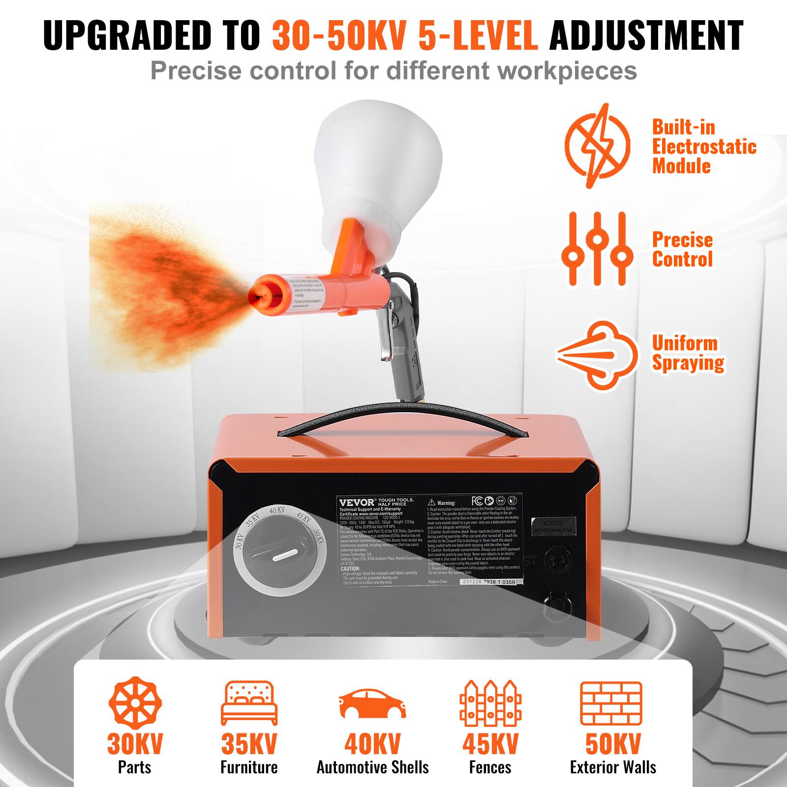 UPGRADED TO 30-50KV 5-LEVEL ADJUSTMENT  
Precise control for different workpieces  
Built-in Electrostatic Module  
Precise Control  
Uniform Spraying  

VEVOR 40KY  

30KV Parts  
35KV Furniture  
40KV Automotive Shells  
45KV Fences  
50KV Exterior Walls