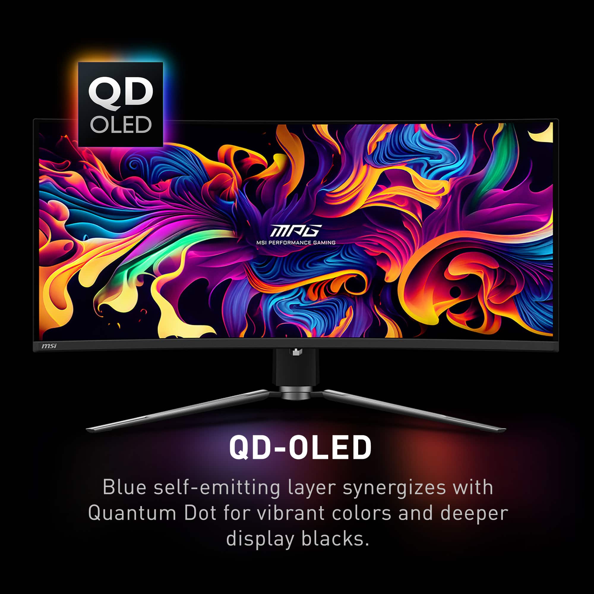 QD OLED MG MrA PERFORMANCE GAMING msi QD-OLED Blue self-emitting layer synergizes with Quantum Dot for vibrant colors and deeper display blacks.