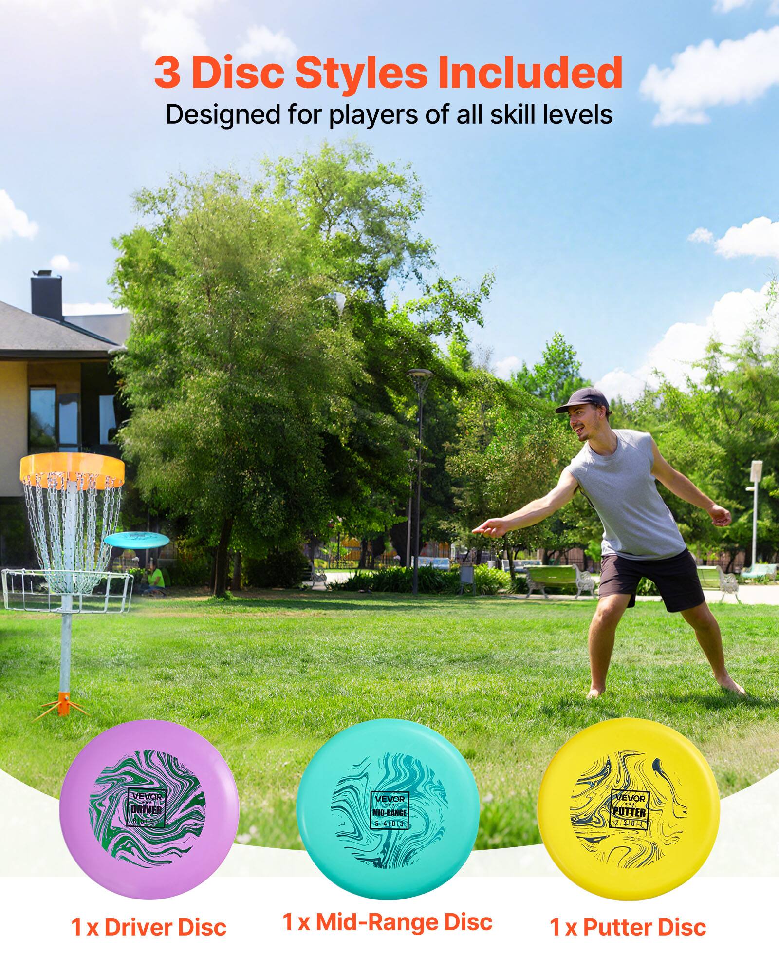 3 Disc Styles Included  
Designed for players of all skill levels  

1 x Driver Disc  
1 x Mid-Range Disc  
1 x Putter Disc