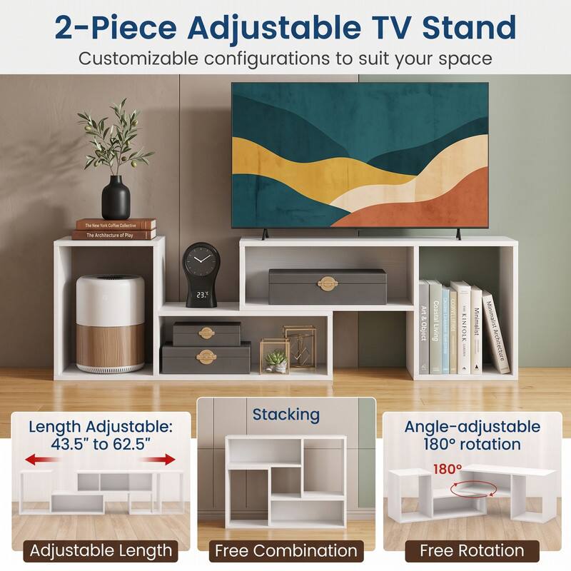 2-Piece Adjustable TV Stand  
Customizable configurations to suit your space

The New York Coffee Collective  
The Architecture of Play

Length Adjustable: 43.5" to 62.5"  
Stacking  
Angle-adjustable 180° rotation

Adjustable Length  
Free Combination  
Free Rotation