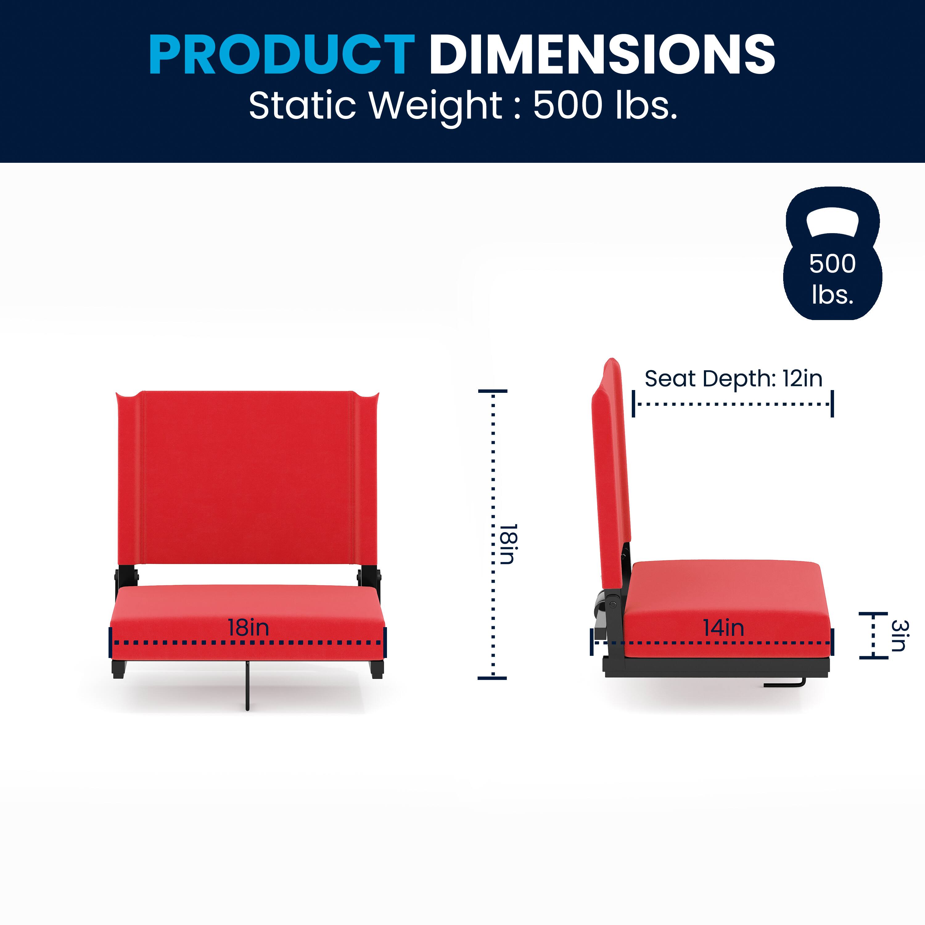 PRODUCT DIMENSIONS  
Static Weight: 500 lbs.  
Seat Depth: 12in  
Width: 18in  
Height: 18in  
Depth: 14in  
Thickness: 3in