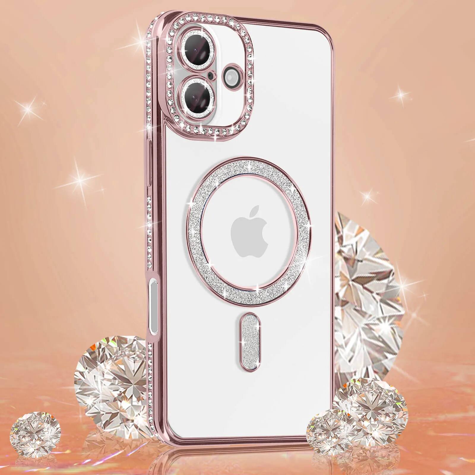 Left. Entronix - Entronix Magnetic iPhone 16 Case with Clear Back and Luxury Diamonds - Gold.