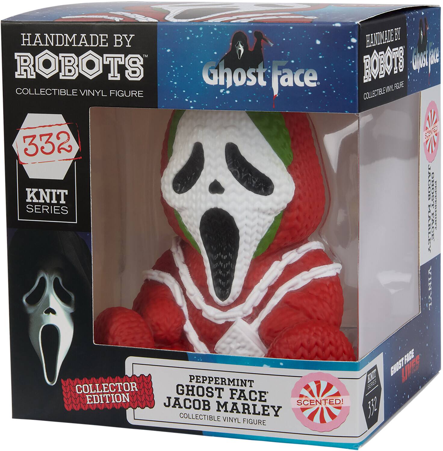 HANDMADE BY ROBOTS  
COLLECTIBLE VINYL FIGURE  
332 KNIT SERIES  

Ghost Face  
COLLECTOR EDITION  
PEPPERMINT GHOST FACE JACOB MARLEY  
SCENTED!  
COLLECTIBLE VINYL FIGURE