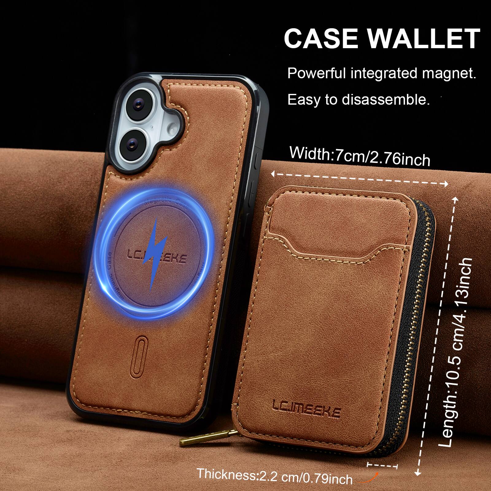 CASE WALLET  
Powerful integrated magnet.  
Easy to disassemble.  

Width: 7cm/2.76inch  
Length: 10.5cm/4.13inch  
Thickness: 2.2cm/0.79inch