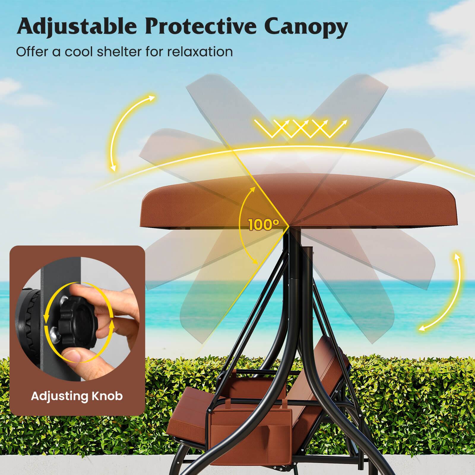 Adjustable Protective Canopy  
Offer a cool shelter for relaxation  

Adjusting Knob
